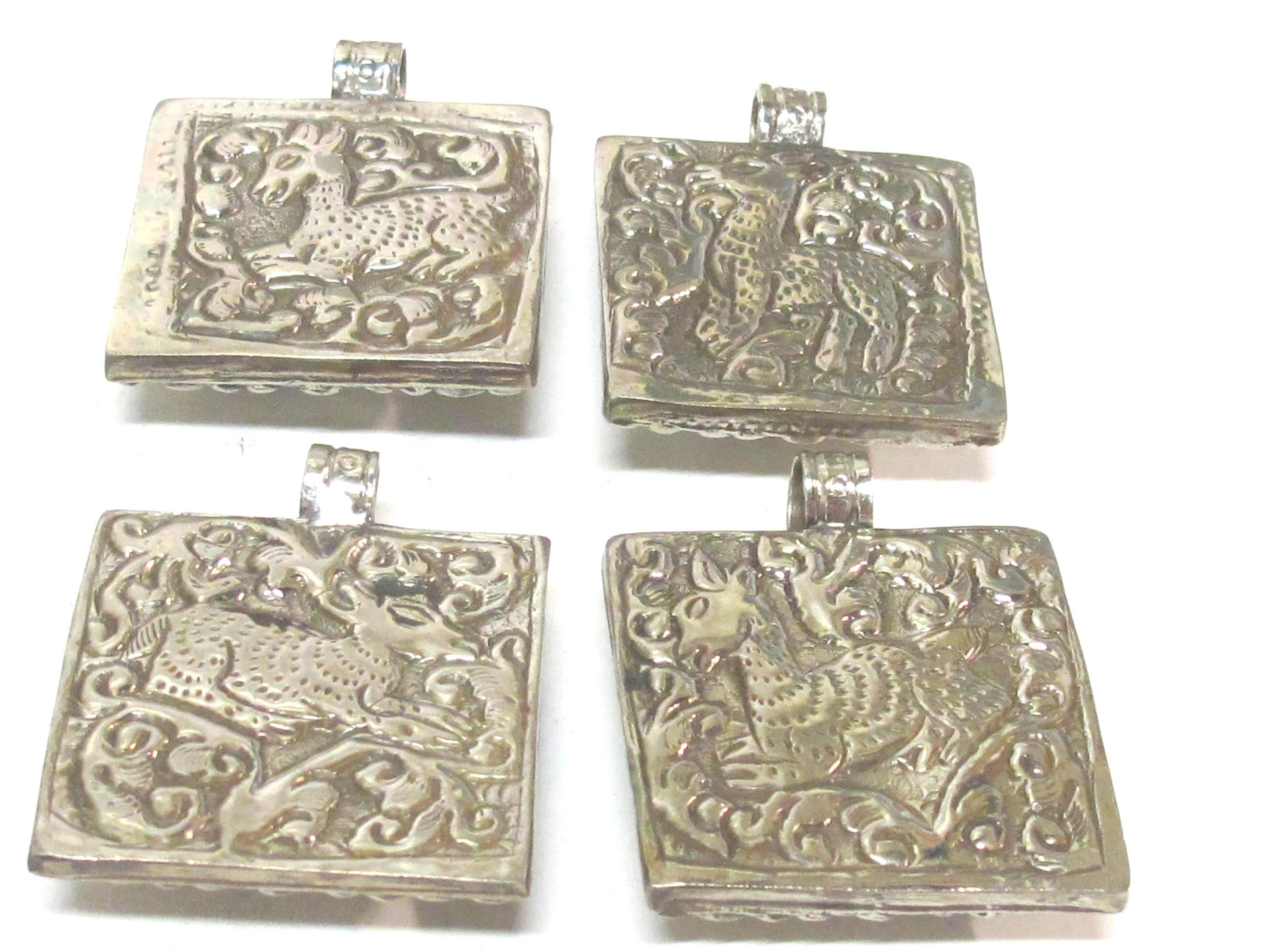 1 pendant - Tibetan silver square shape Buddha pendant detailed carving with deer animal design on other side - PM588B