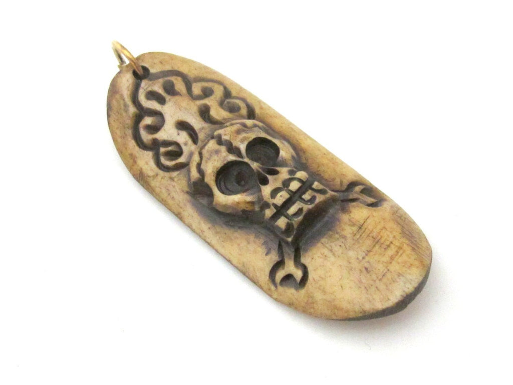 1 Pendant - Tibetan skull design carved convex bar shape cattle recycled cattle bone pendant from Nepal - PB106