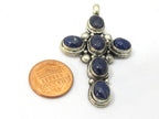 1 Pendant - Tibetan antiqued silver finish Lapis Lazuli inlaid gemstone cross pendant Nepal - PM230A