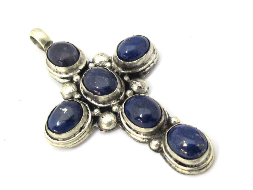1 Pendant - Tibetan antiqued silver finish Lapis Lazuli inlaid gemstone cross pendant Nepal - PM230A