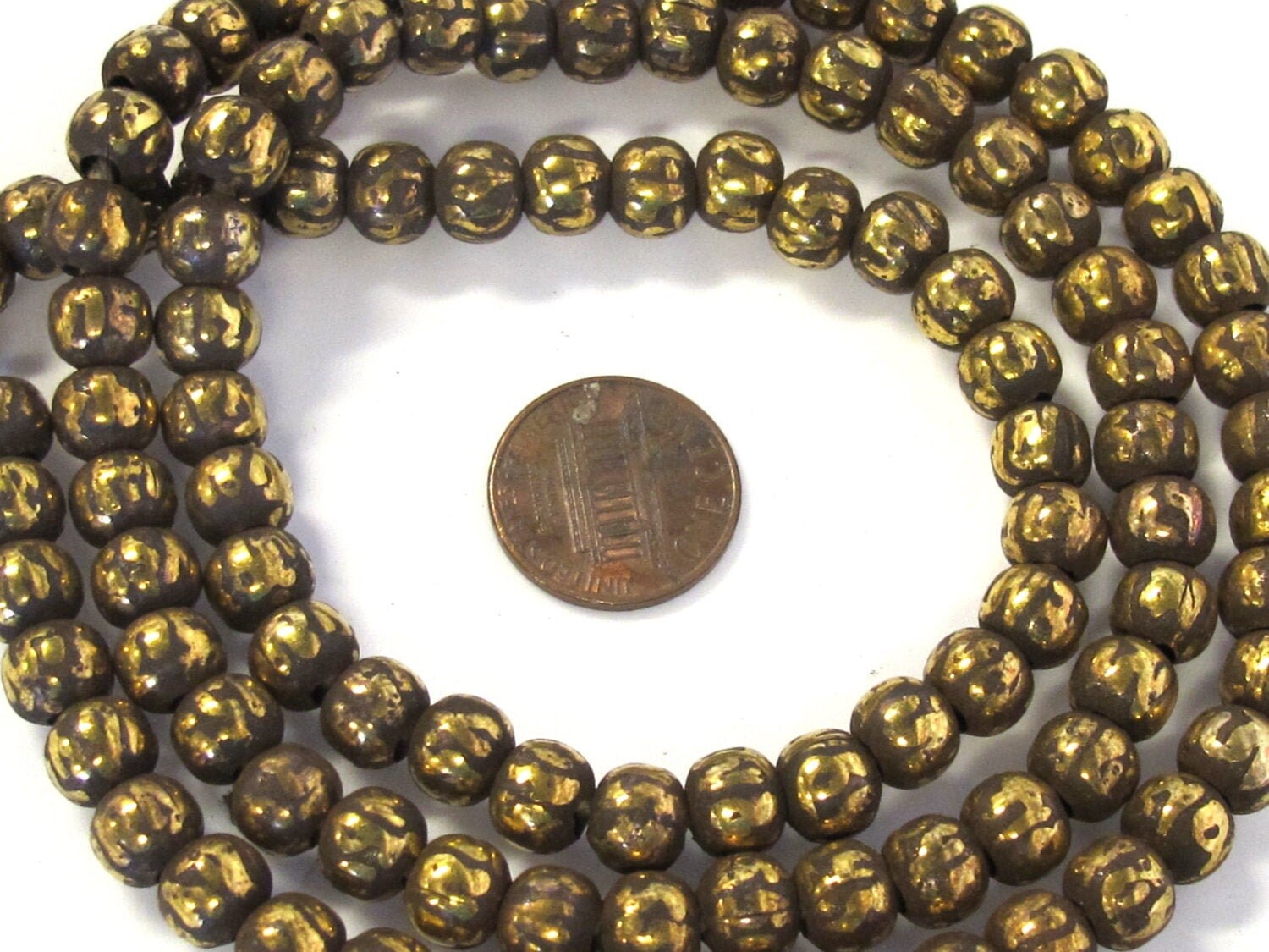 10 om mantra brass beads - 8 mm size Tibetan antiqued finish brass mala making beads om mani padme hum Tibetan prayer mantra beads -- ML082B