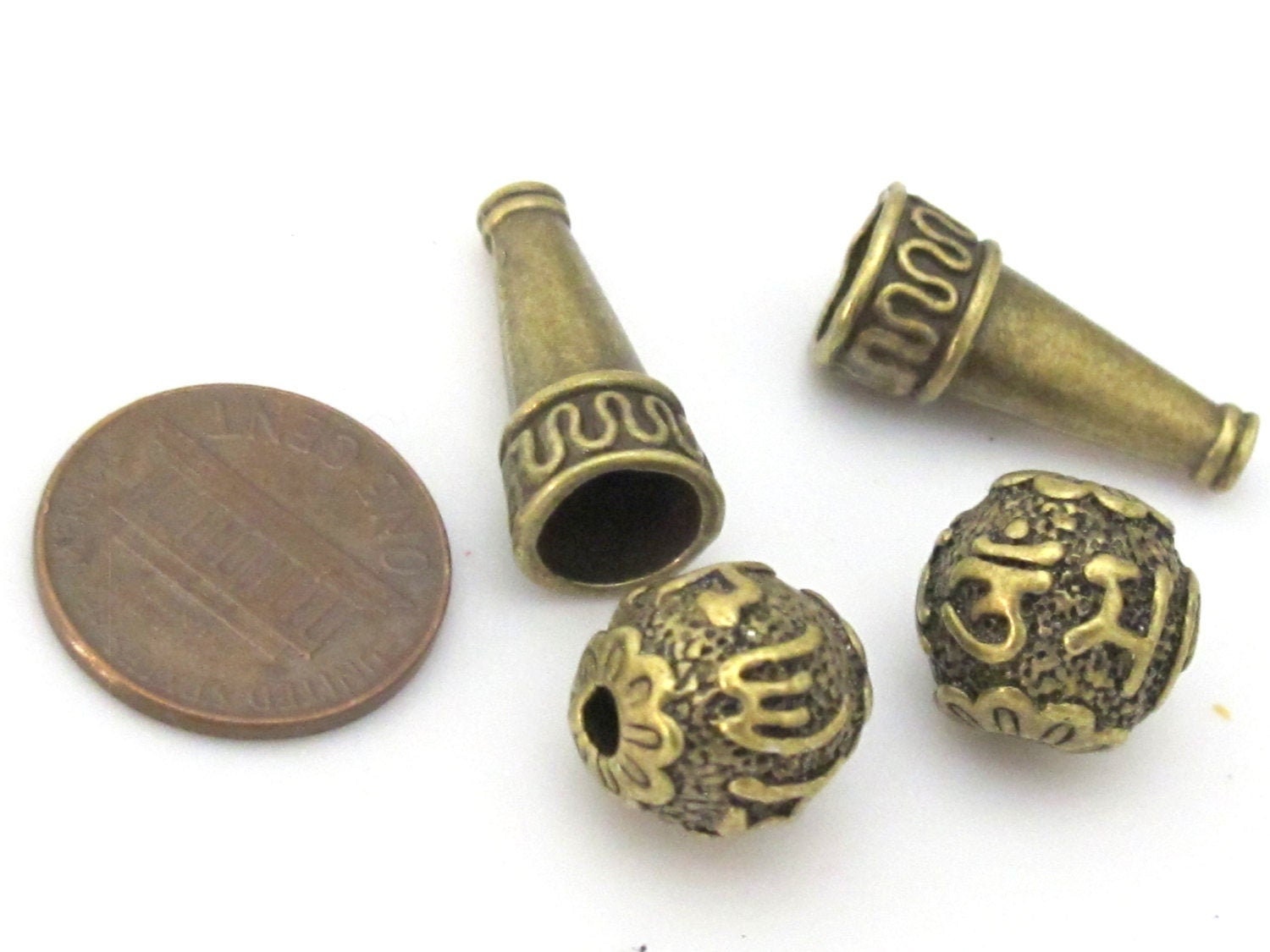 3 sets - Guru bead set - 12 mm size Tibetan 3 hole Om mantra brass tone plated Guru Bead with column bead - GB042s