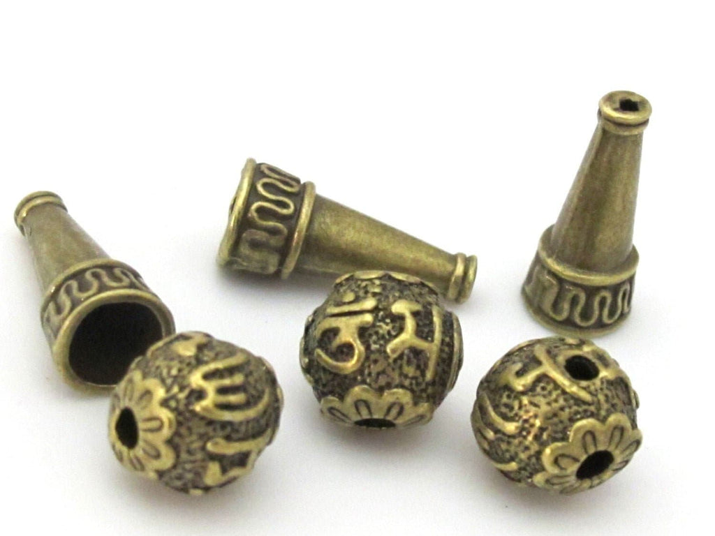 3 sets - Guru bead set - 12 mm size Tibetan 3 hole Om mantra brass tone plated Guru Bead with column bead - GB042s
