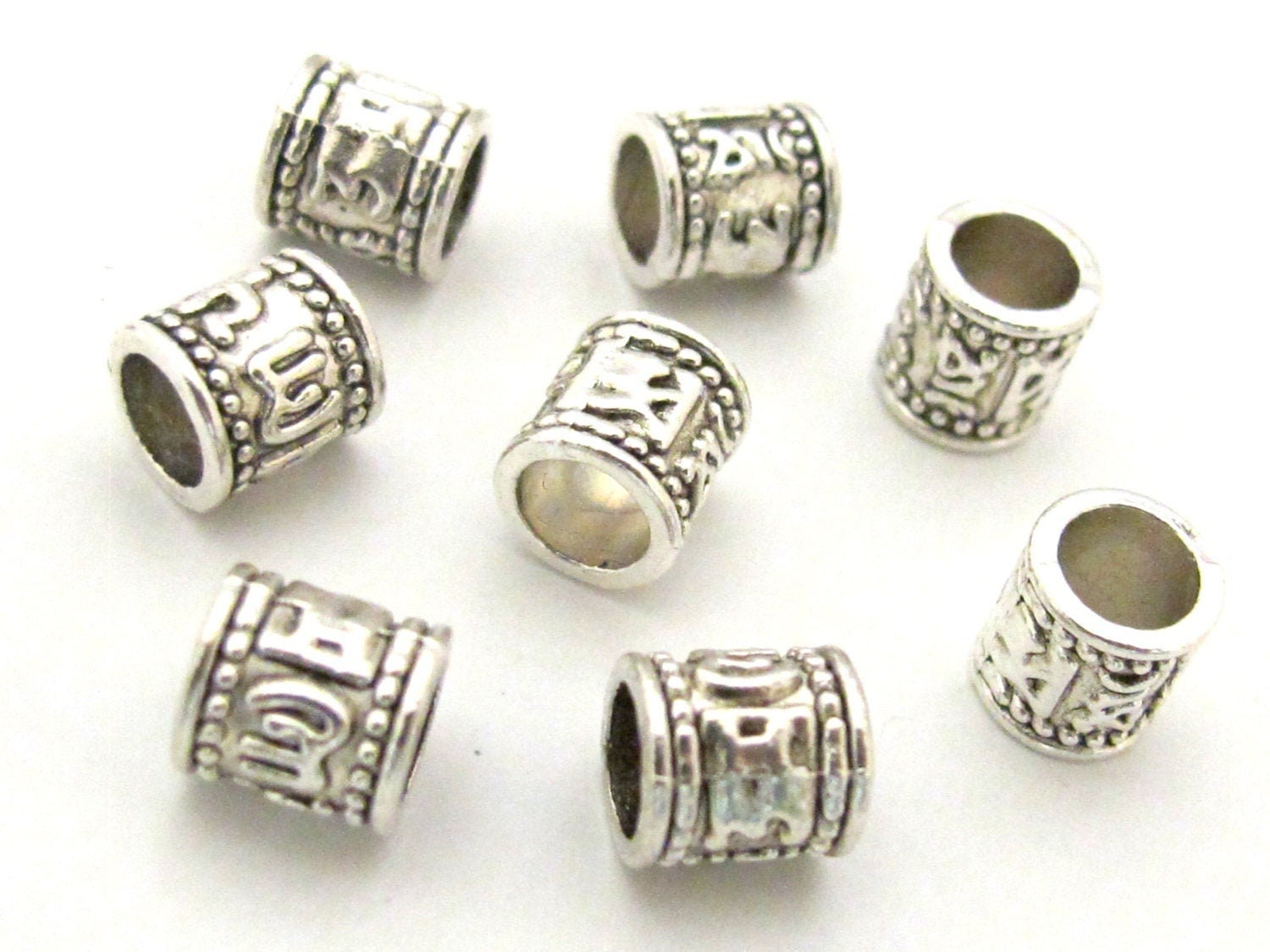 10 Beads - Tibetan om mantra silver tone plated wide hole spacer tube beads 7 mm x 7 mm - BD789