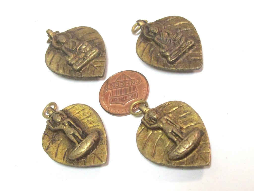 Reversible bodhi leaf shape standing Buddha and seated buddha Brass pendant from Nepal - CP068B