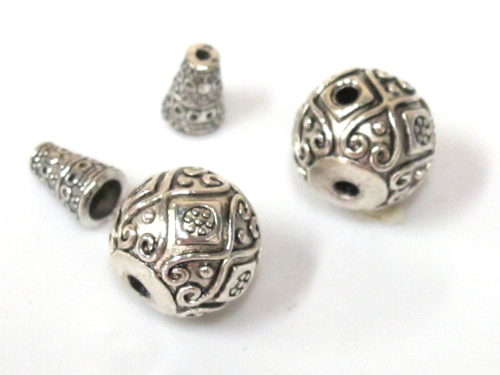 2 Guru beads - Large size 14 mm x 15 mm Tibetan silver 3 hole Guru Bead with column bead dotted floral heart design - GB059s