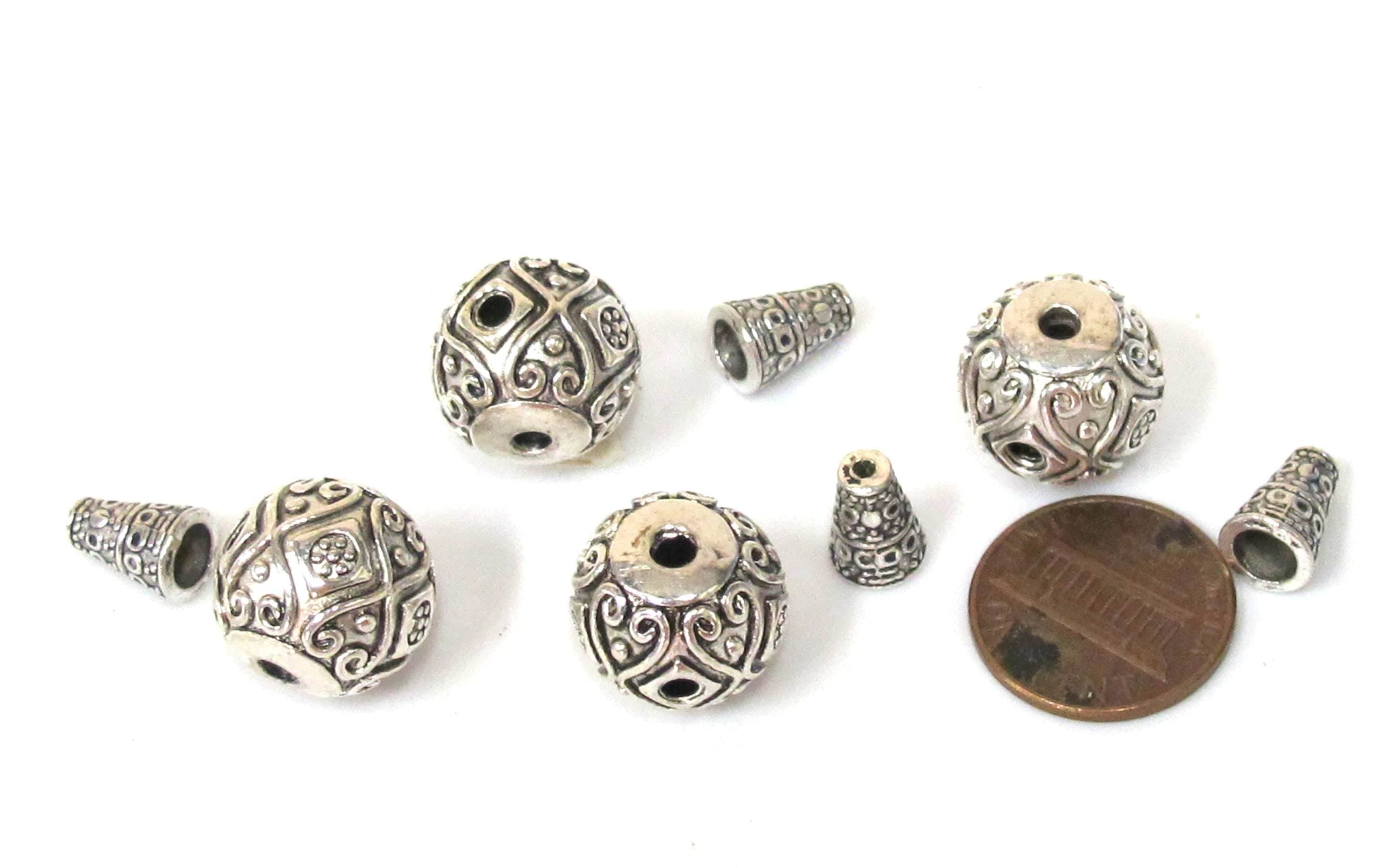 2 Guru beads - Large size 14 mm x 15 mm Tibetan silver 3 hole Guru Bead with column bead dotted floral heart design - GB059s