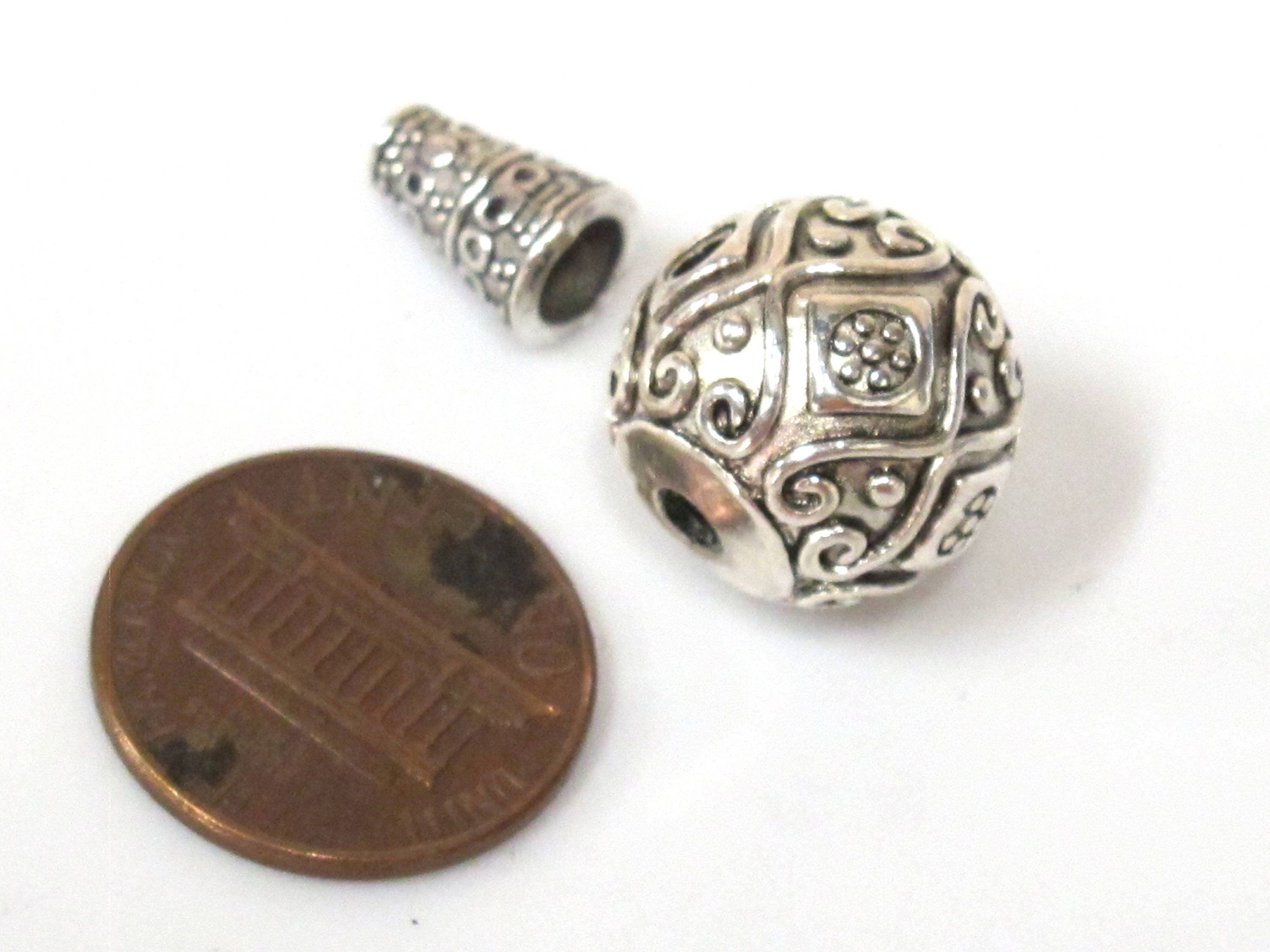 2 Guru beads - Large size 14 mm x 15 mm Tibetan silver 3 hole Guru Bead with column bead dotted floral heart design - GB059s
