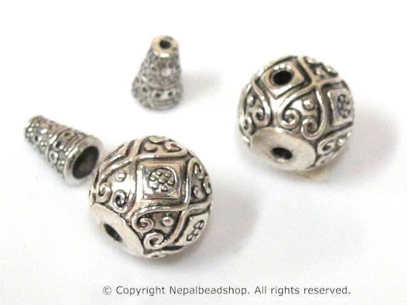 2 Guru beads - Large size 14 mm x 15 mm Tibetan silver 3 hole Guru Bead with column bead dotted floral heart design - GB059s