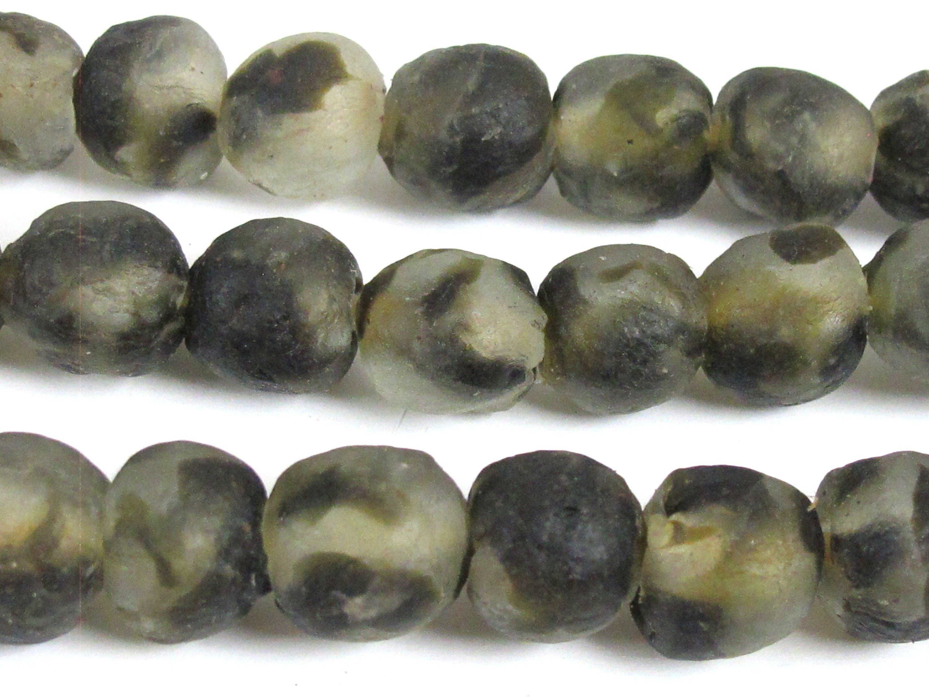 8 BEADS - Thick spotted recycled ethnic ghana recycled glass beads grey black white tone - AB011