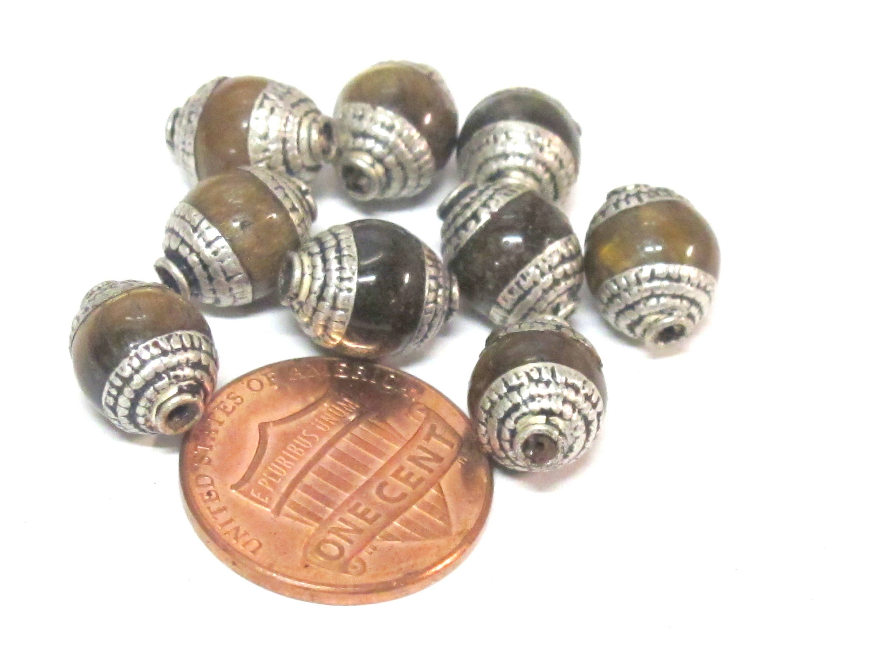 4 Beads - Tibetan capped beads Tibetan silver color capped tigers eye gemstone beads from Nepal 7 - 8 mm x 9 - 10 mm - BD779B