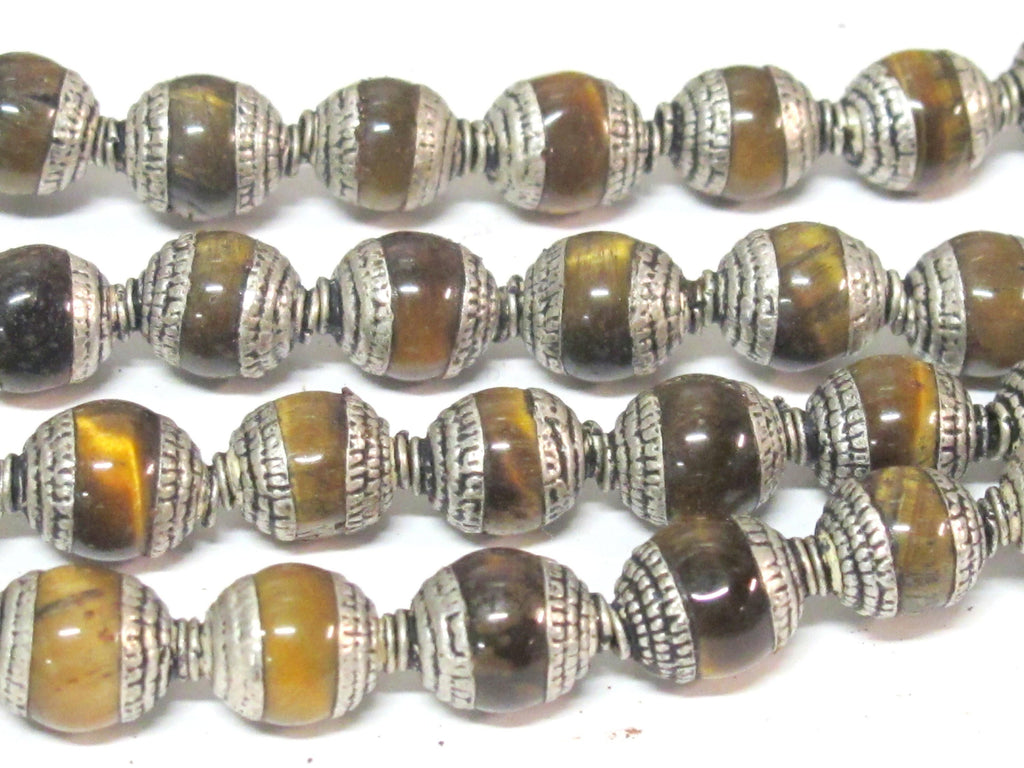 4 Beads - Tibetan capped beads Tibetan silver color capped tigers eye gemstone beads from Nepal 7 - 8 mm x 9 - 10 mm - BD779B