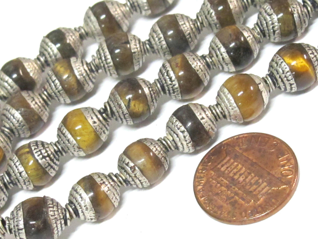 4 Beads - Tibetan capped beads Tibetan silver color capped tigers eye gemstone beads from Nepal 7 - 8 mm x 9 - 10 mm - BD779B