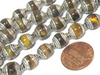 4 Beads - Tibetan capped beads Tibetan silver color capped tigers eye gemstone beads from Nepal 7 - 8 mm x 9 - 10 mm - BD779B