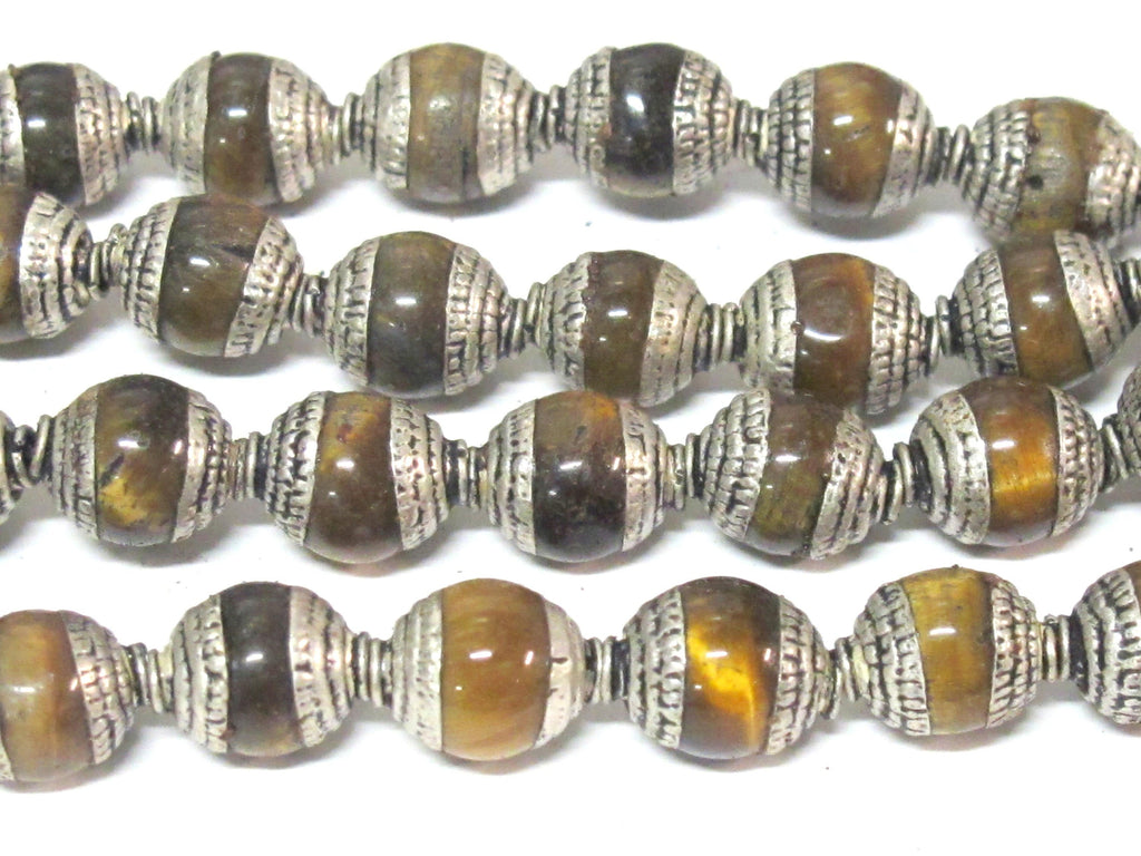 4 Beads - Tibetan capped beads Tibetan silver color capped tigers eye gemstone beads from Nepal 7 - 8 mm x 9 - 10 mm - BD779B