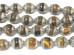 4 Beads - Tibetan capped beads Tibetan silver color capped tigers eye gemstone beads from Nepal 7 - 8 mm x 9 - 10 mm - BD779B