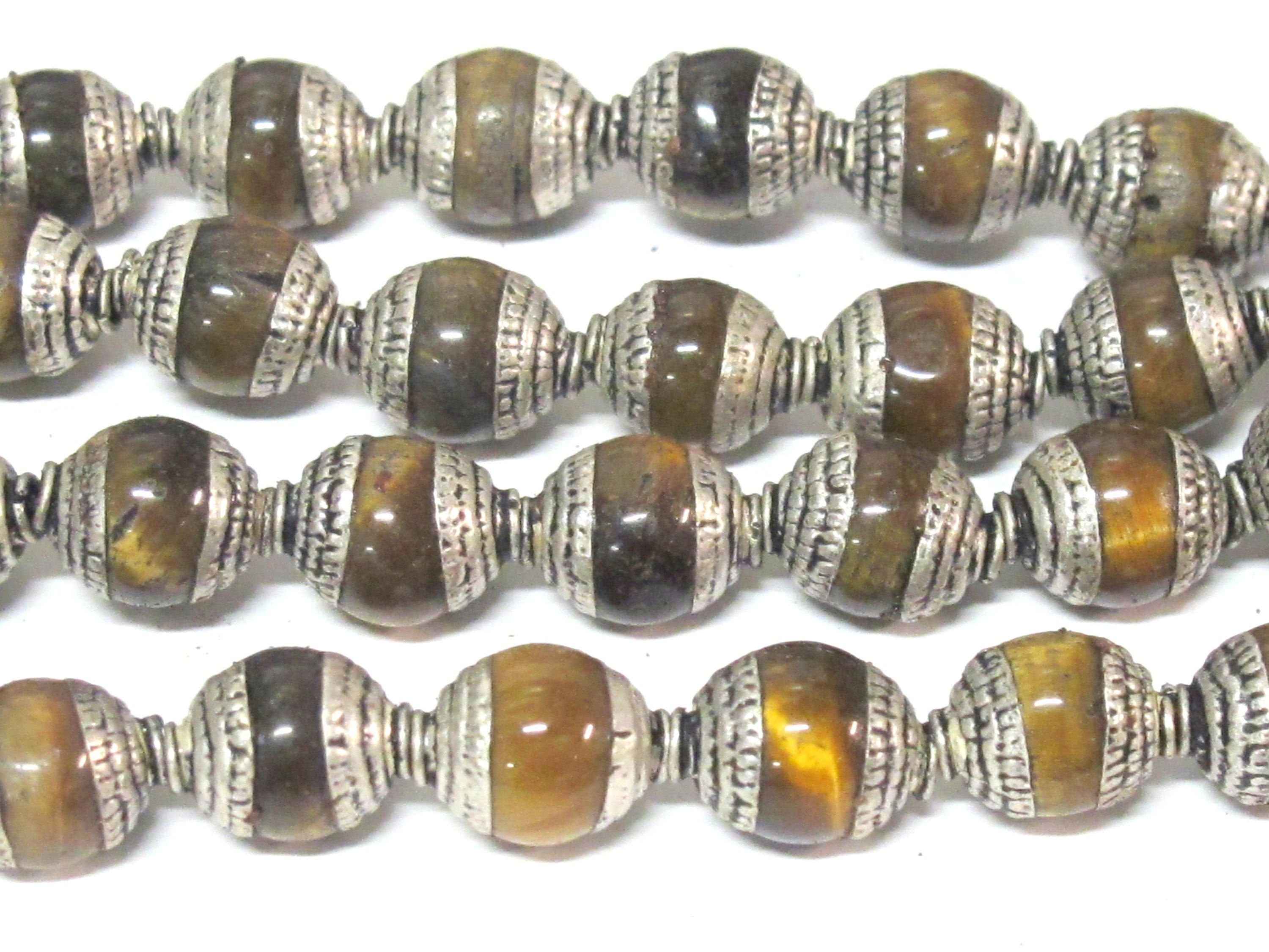 4 Beads - Tibetan capped beads Tibetan silver color capped tigers eye gemstone beads from Nepal 7 - 8 mm x 9 - 10 mm - BD779B
