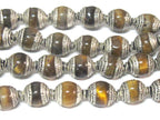 4 Beads - Tibetan capped beads Tibetan silver color capped tigers eye gemstone beads from Nepal 7 - 8 mm x 9 - 10 mm - BD779B