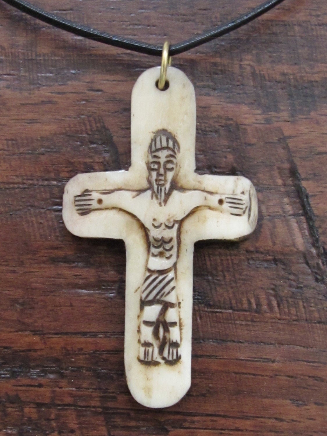 Carved Tibetan cream color recycled cattle bone cross pendant - PB073