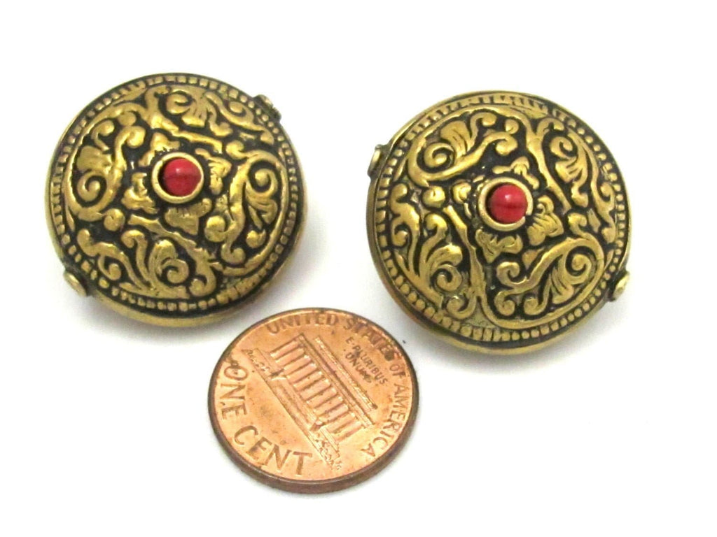 2 BEADs- Reversible Tibetan brass bead antiqued gold tone with floral repousse design - BD624C