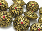 2 BEADs- Reversible Tibetan brass bead antiqued gold tone with floral repousse design - BD624C