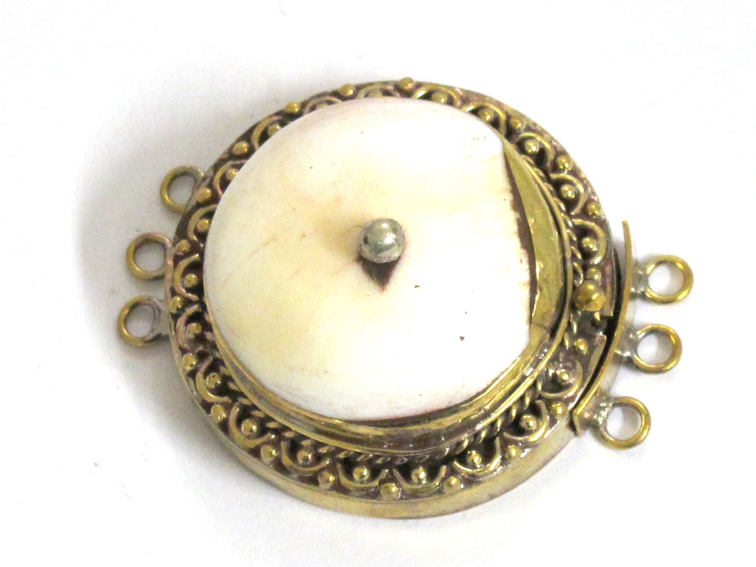 As is - 1 clasp - Large ethnic tribal Tibetan naga conch shell inlaid clasp pendant uneven brass capped on one side see images - PM369B