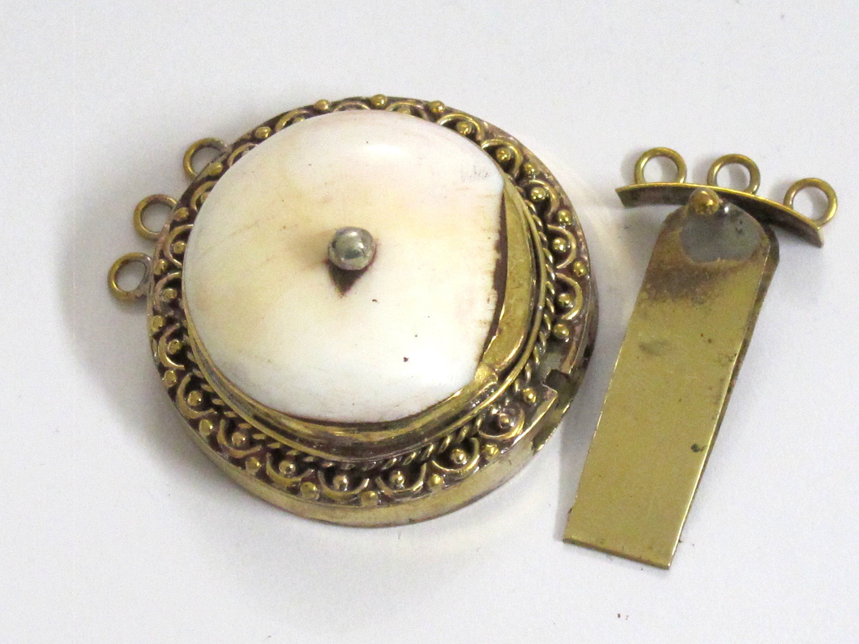 As is - 1 clasp - Large ethnic tribal Tibetan naga conch shell inlaid clasp pendant uneven brass capped on one side see images - PM369B