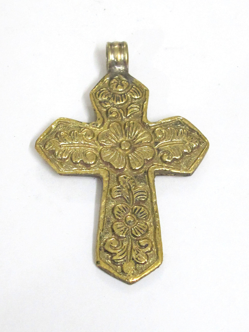 Reversible Tibetan lotus floral design cross brass pendant from Nepal -- PM591D