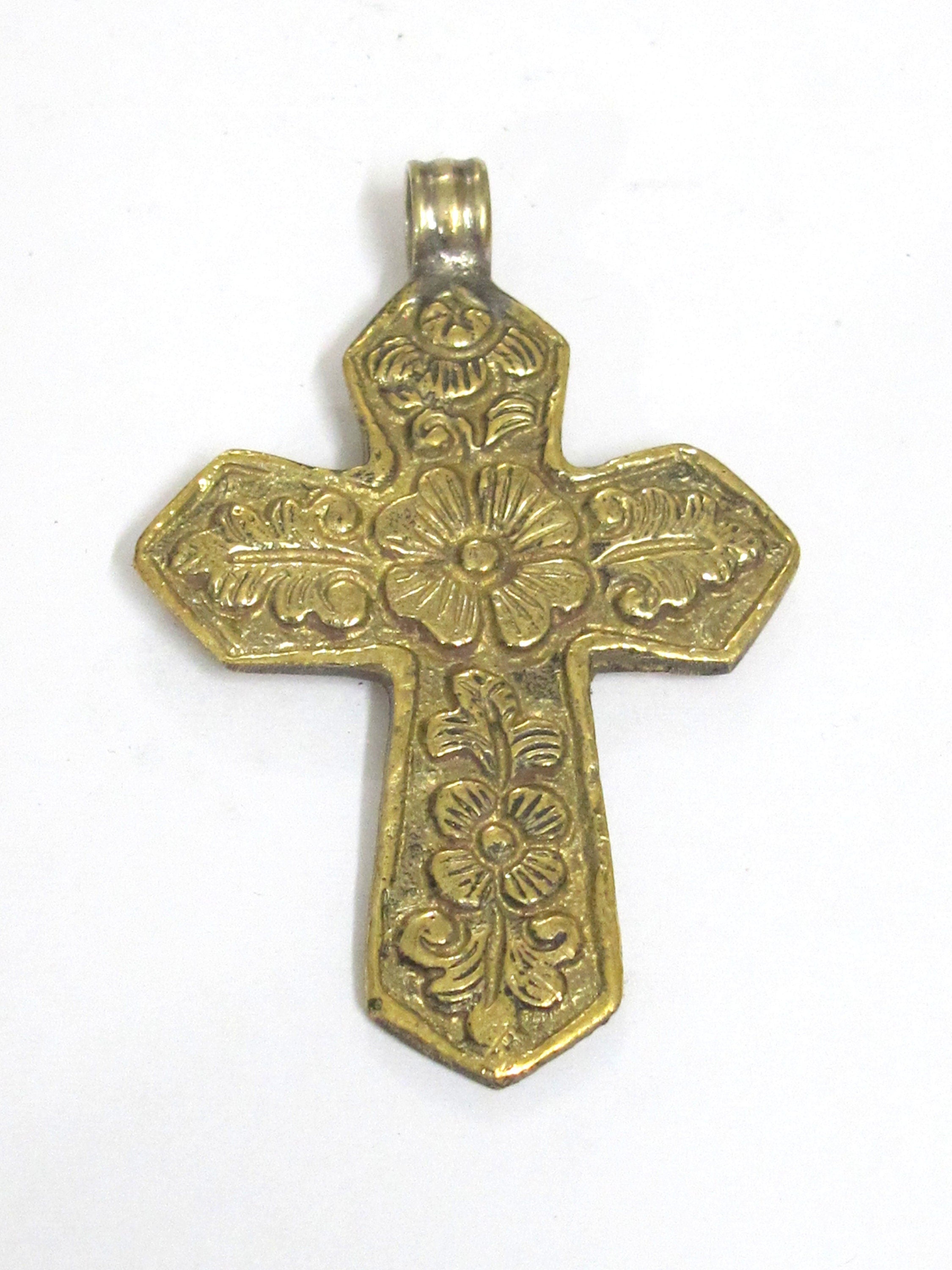 Reversible Tibetan lotus floral design cross brass pendant from Nepal -- PM591D
