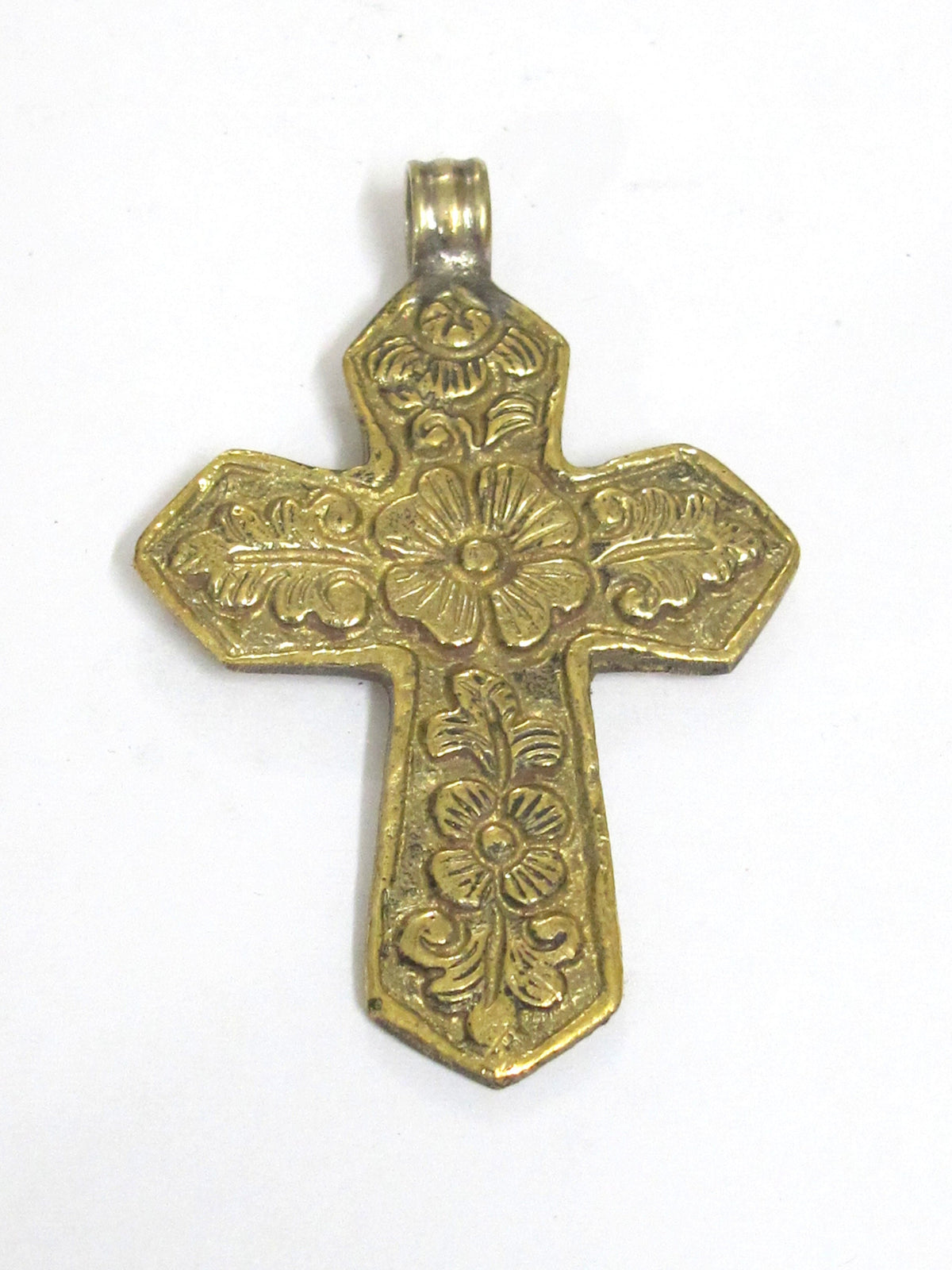 Reversible Tibetan lotus floral design cross brass pendant from Nepal -- PM591D