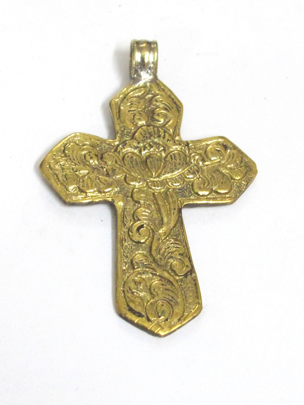 Reversible Tibetan lotus floral design cross brass pendant from Nepal -- PM591D