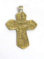 Reversible Tibetan lotus floral design cross brass pendant from Nepal -- PM591D