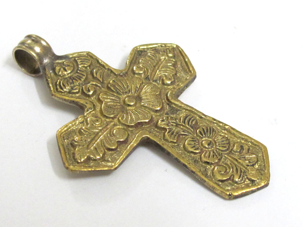 Reversible Tibetan lotus floral design cross brass pendant from Nepal -- PM591D