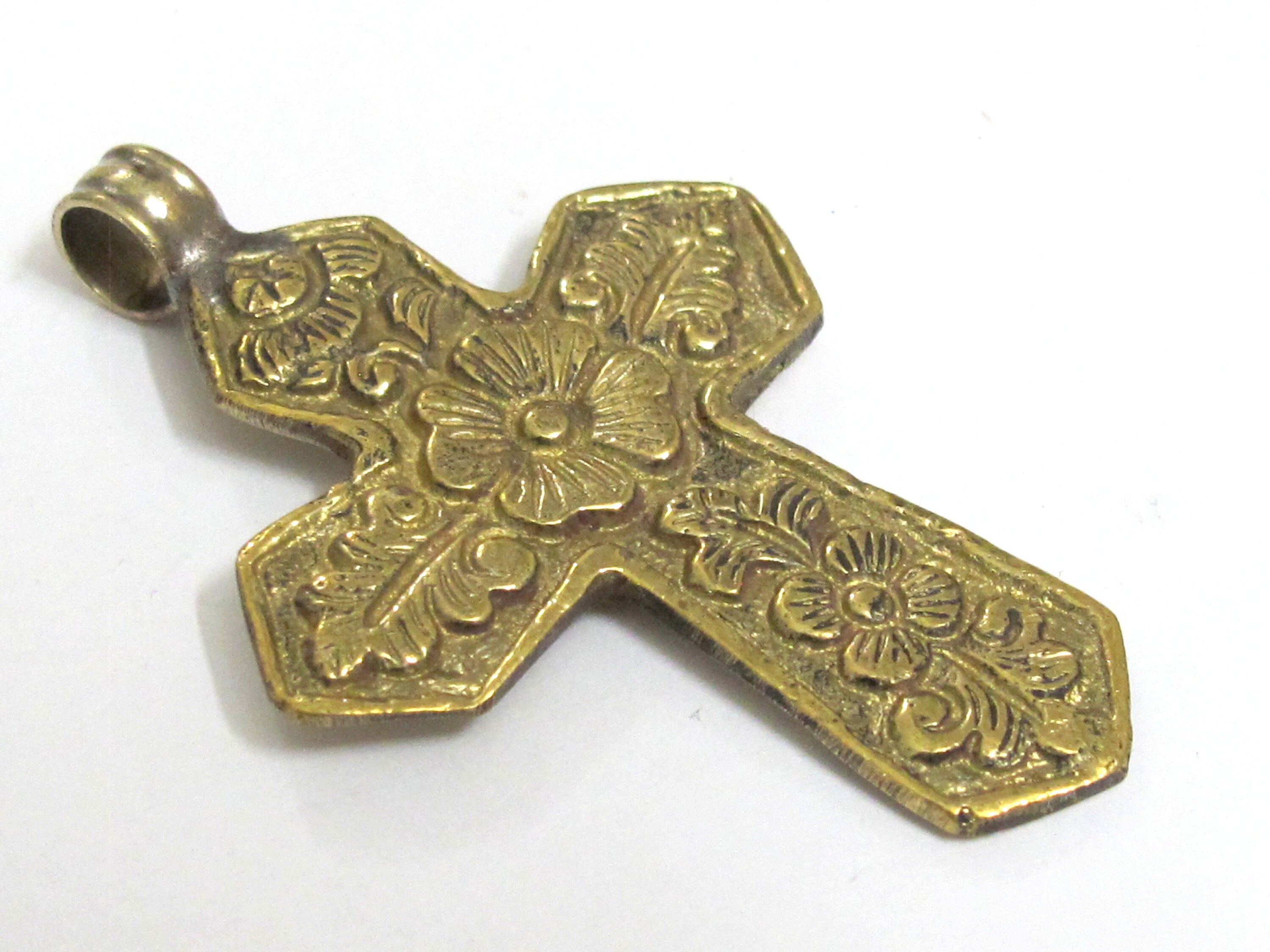 Reversible Tibetan lotus floral design cross brass pendant from Nepal -- PM591D