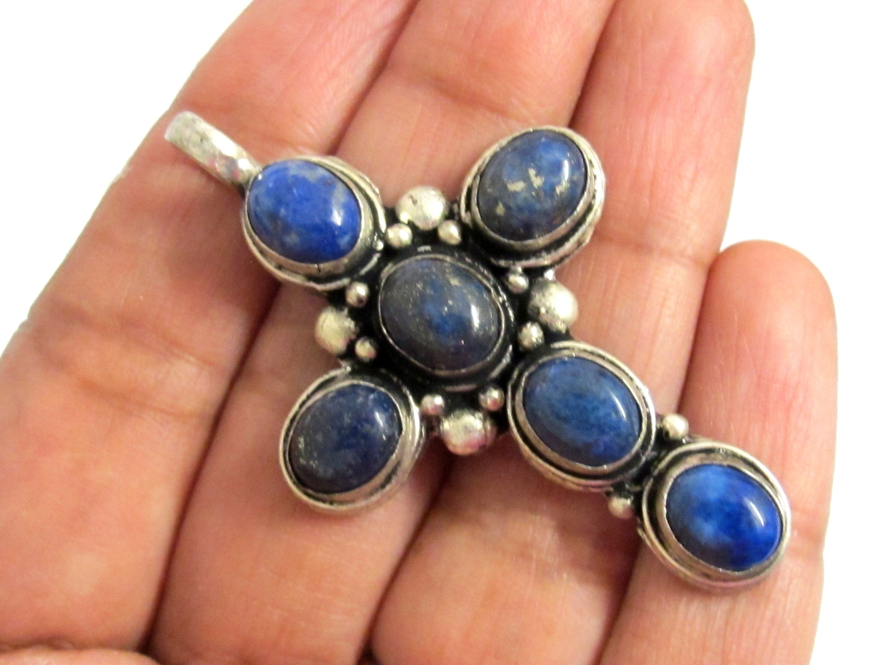 1 Pendant - Tibetan antiqued silver finish Lapis Lazuli inlaid gemstone cross pendant Nepal - PM230A
