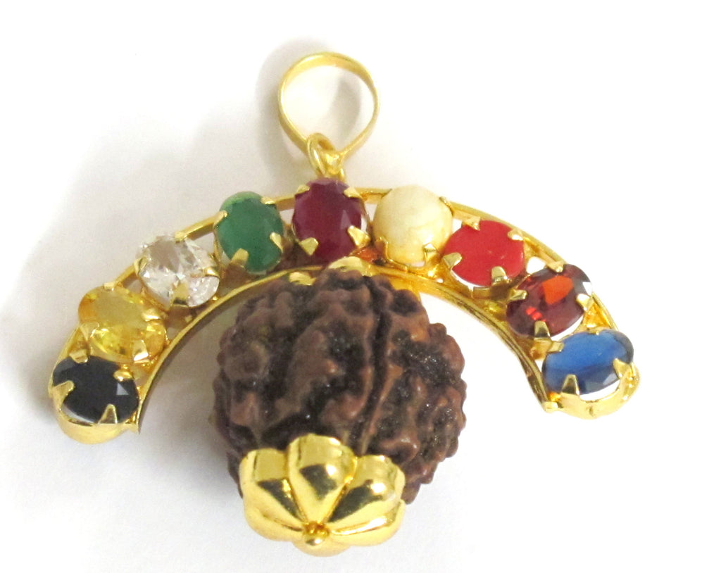 1 Pendant -Shiva 5 mukhi faced rudraksha navratna gemstones inlaid nine planets pendant -SP009R