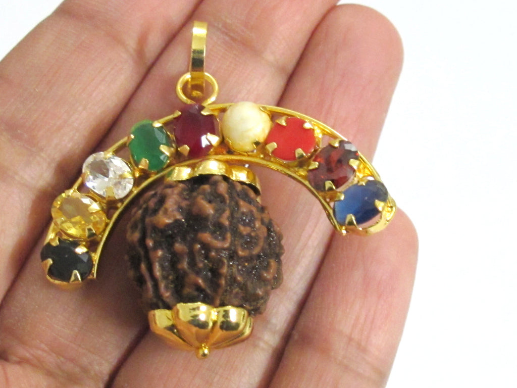 1 Pendant -Shiva 5 mukhi faced rudraksha navratna gemstones inlaid nine planets pendant -SP009R
