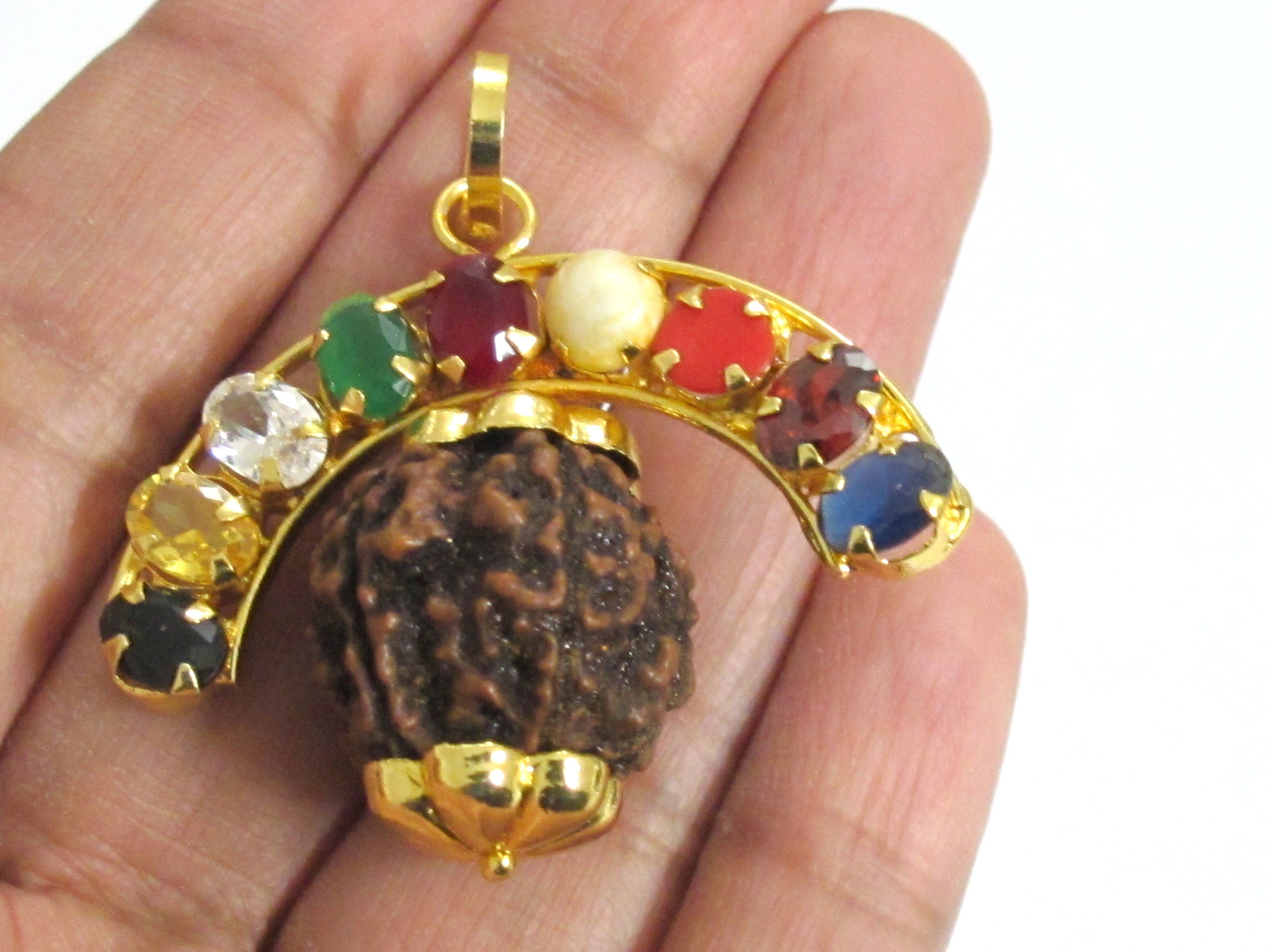 1 Pendant -Shiva 5 mukhi faced rudraksha navratna gemstones inlaid nine planets pendant -SP009R