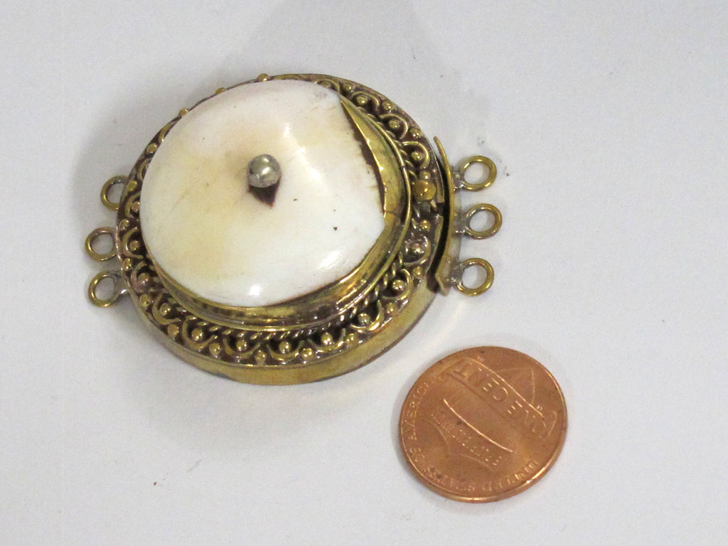 As is - 1 clasp - Large ethnic tribal Tibetan naga conch shell inlaid clasp pendant uneven brass capped on one side see images - PM369B