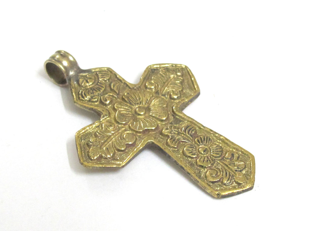 Reversible Tibetan lotus floral design cross brass pendant from Nepal -- PM591D