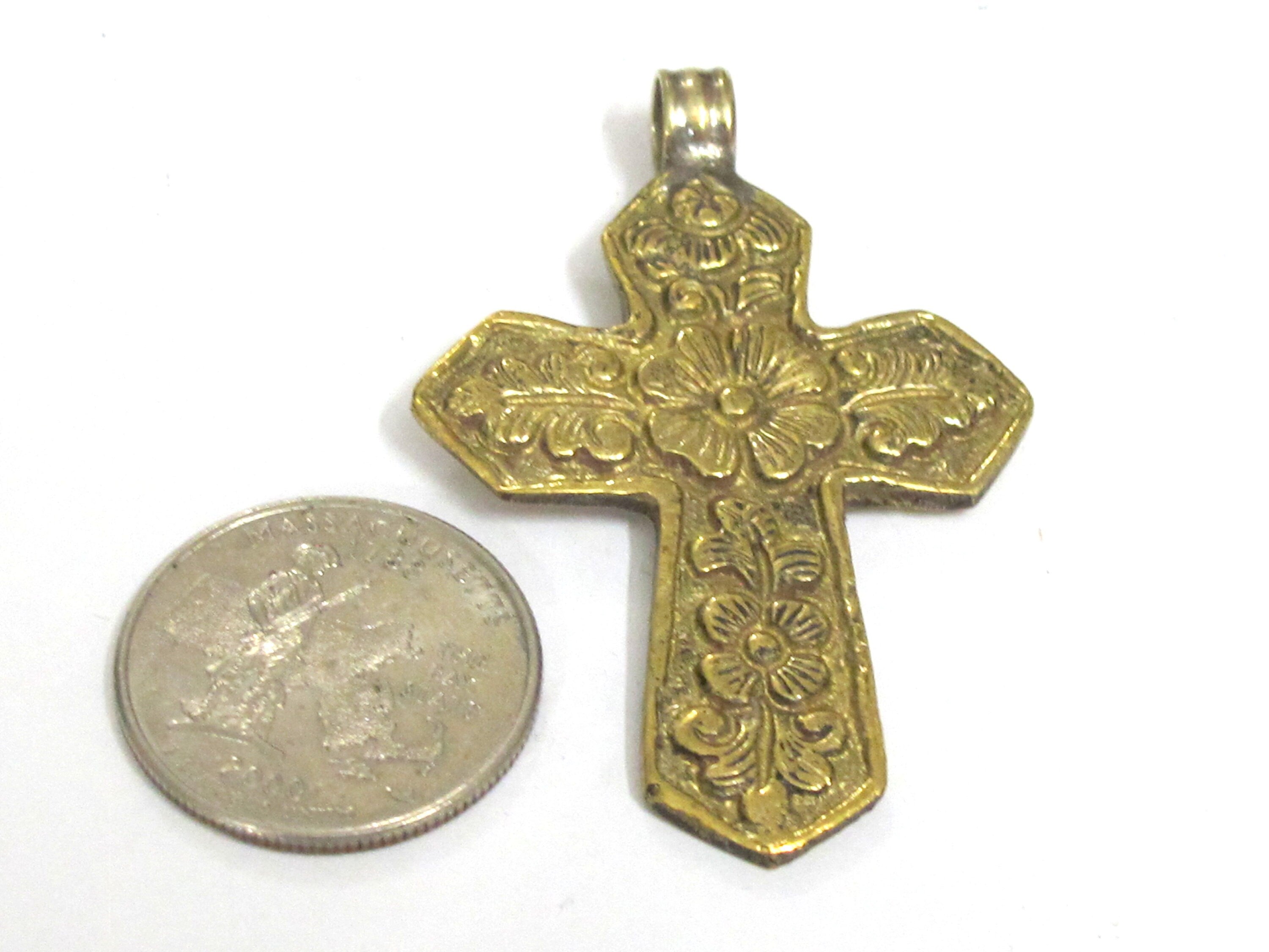 Reversible Tibetan lotus floral design cross brass pendant from Nepal -- PM591D
