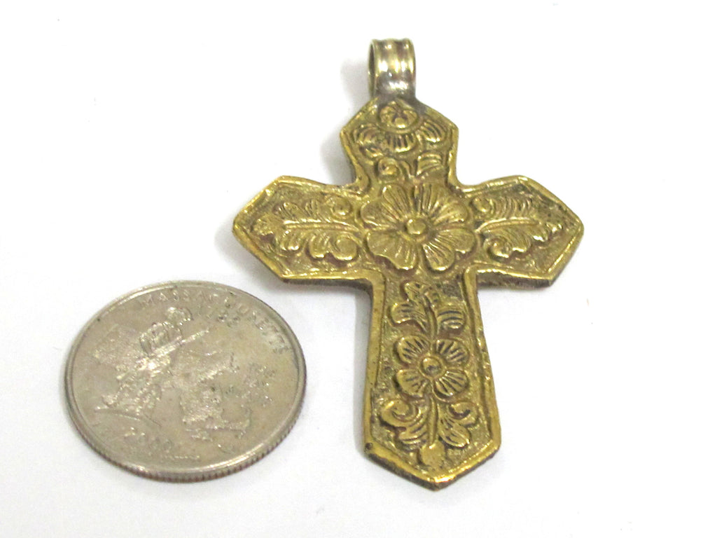 Reversible Tibetan lotus floral design cross brass pendant from Nepal -- PM591D