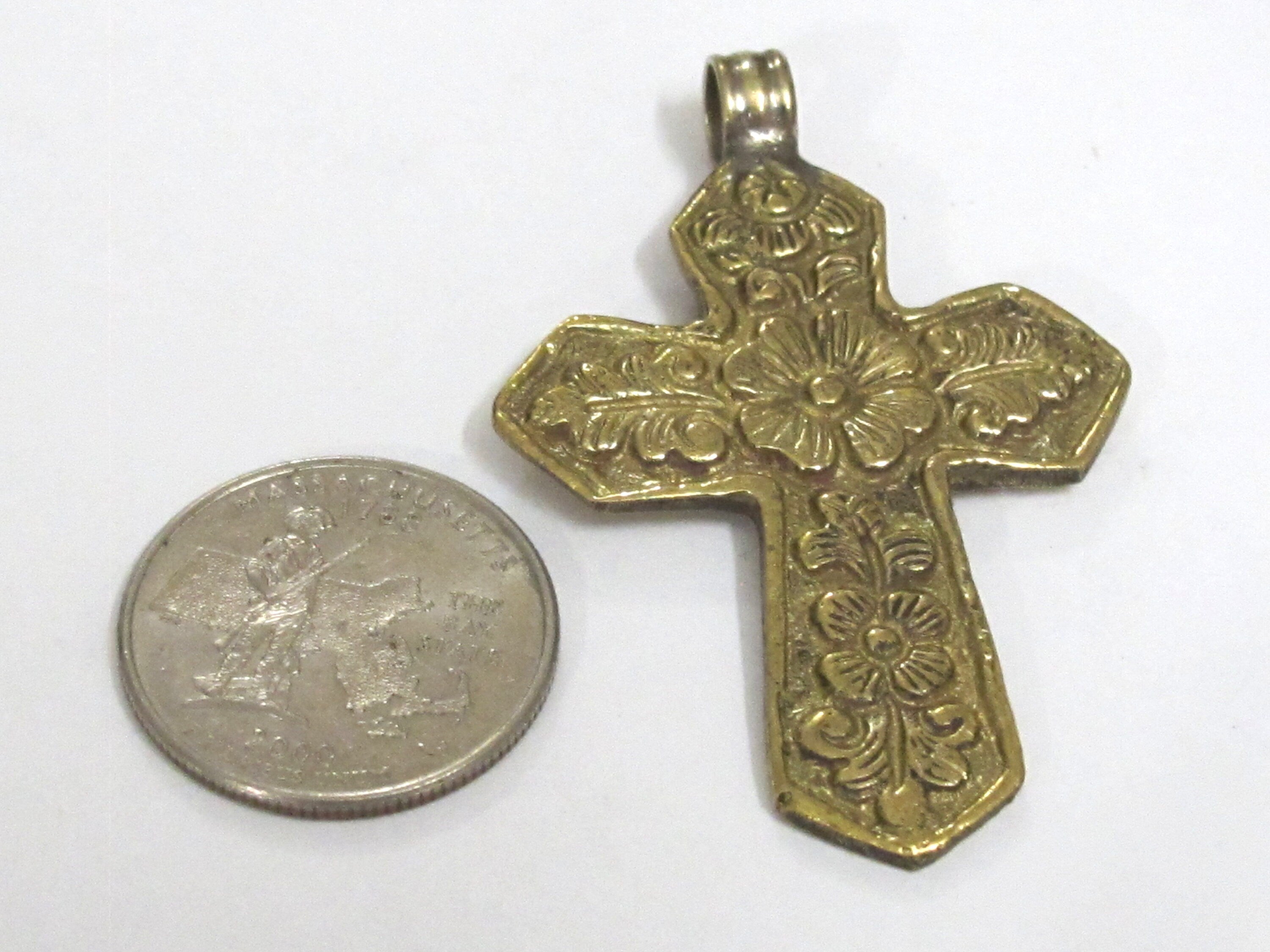 Reversible Tibetan lotus floral design cross brass pendant from Nepal -- PM591D