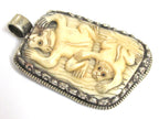 1 Pendant - Large Ethnic Tibetan carved recycled cattle bone frog design pendant with flower carving on reverse side - PB001D
