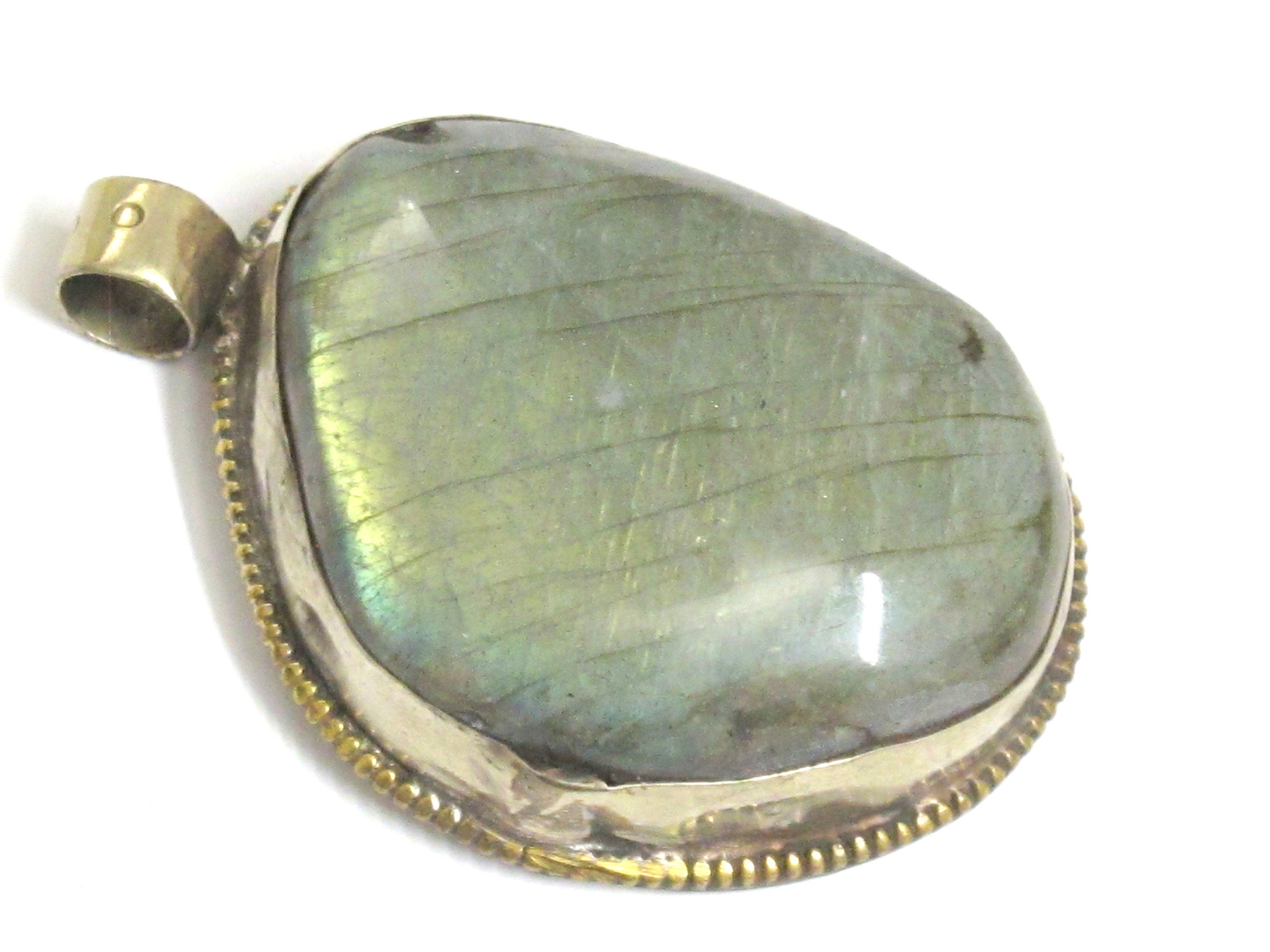 1 Pendant Tibetan Nepal flashy Labradorite gemstone pendant with flower carving on other side nepalbeadshop PM599L