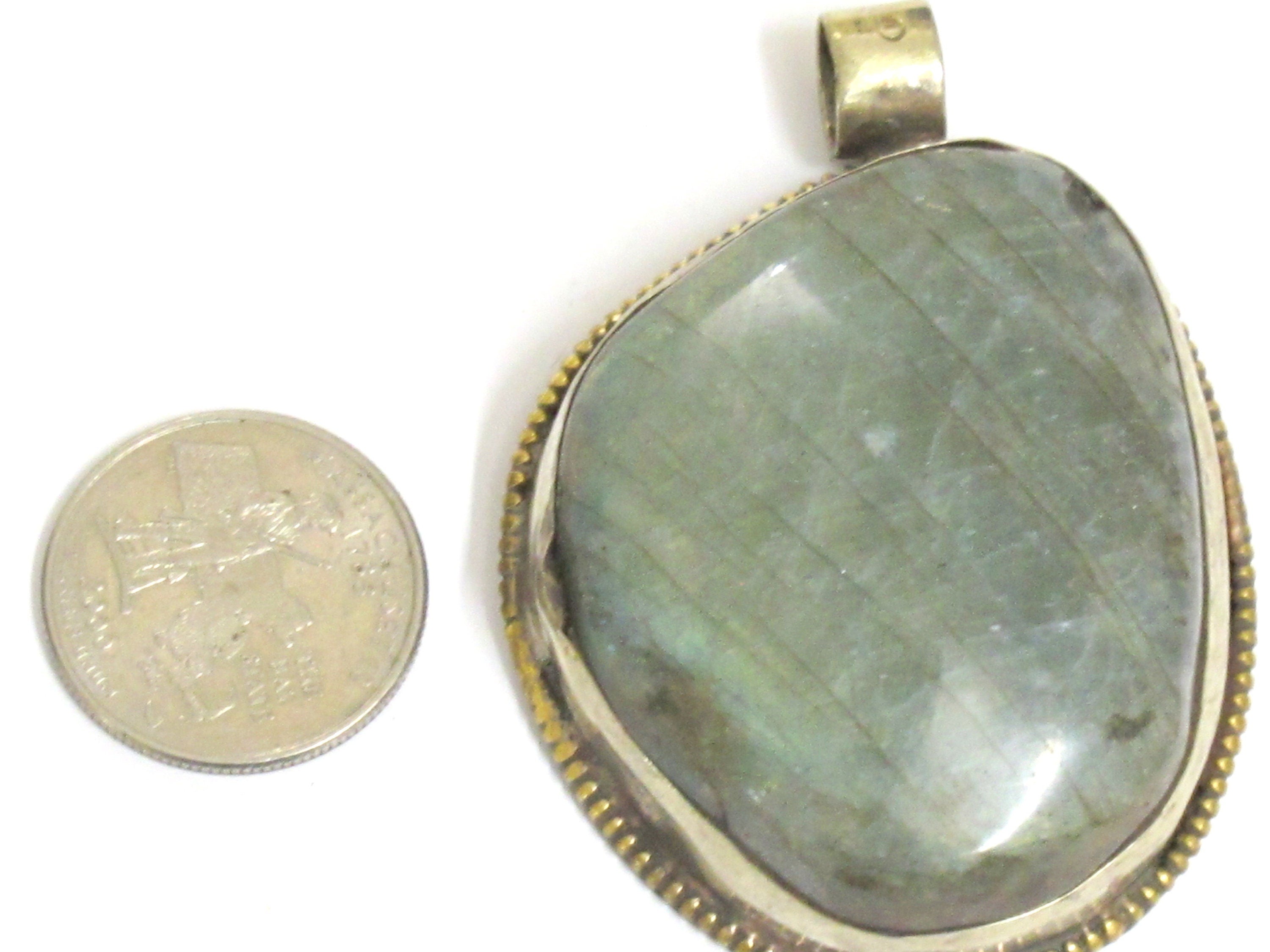 1 Pendant Tibetan Nepal flashy Labradorite gemstone pendant with flower carving on other side nepalbeadshop PM599L