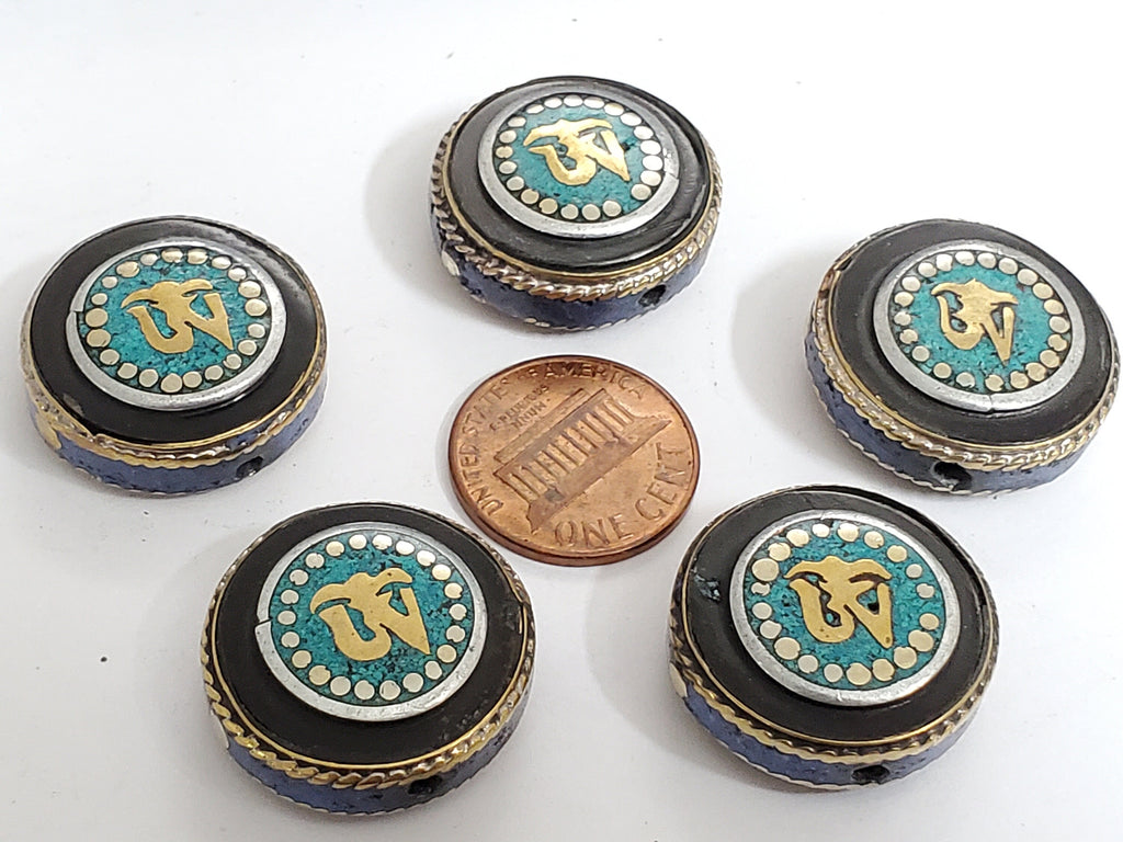 2 BEADS - Tibetan Om inscribed reversible brass bead with turquoise lapis inlay - BD471B