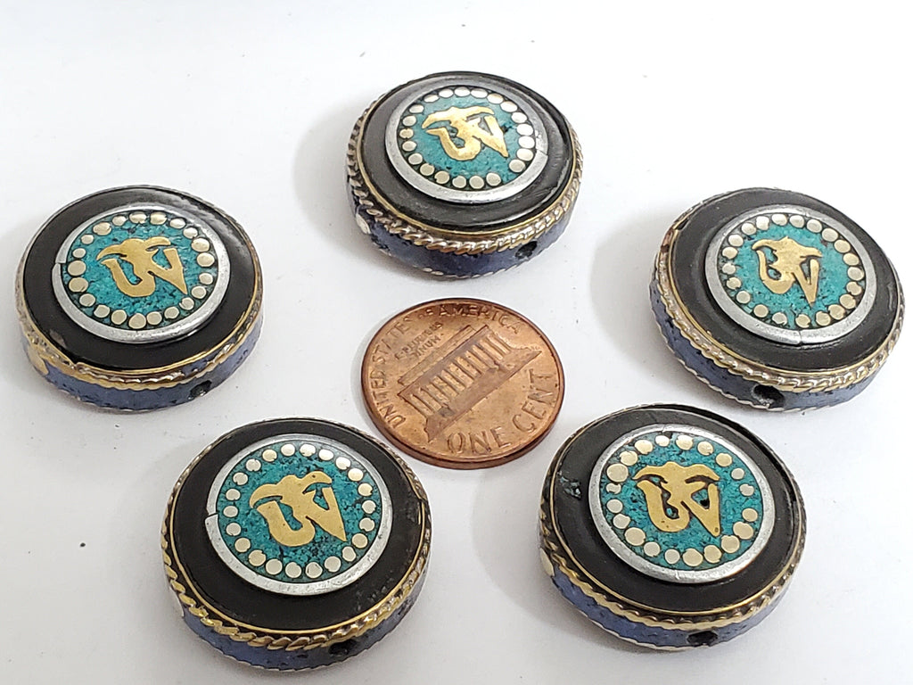 2 BEADS - Tibetan Om inscribed reversible brass bead with turquoise lapis inlay - BD471B