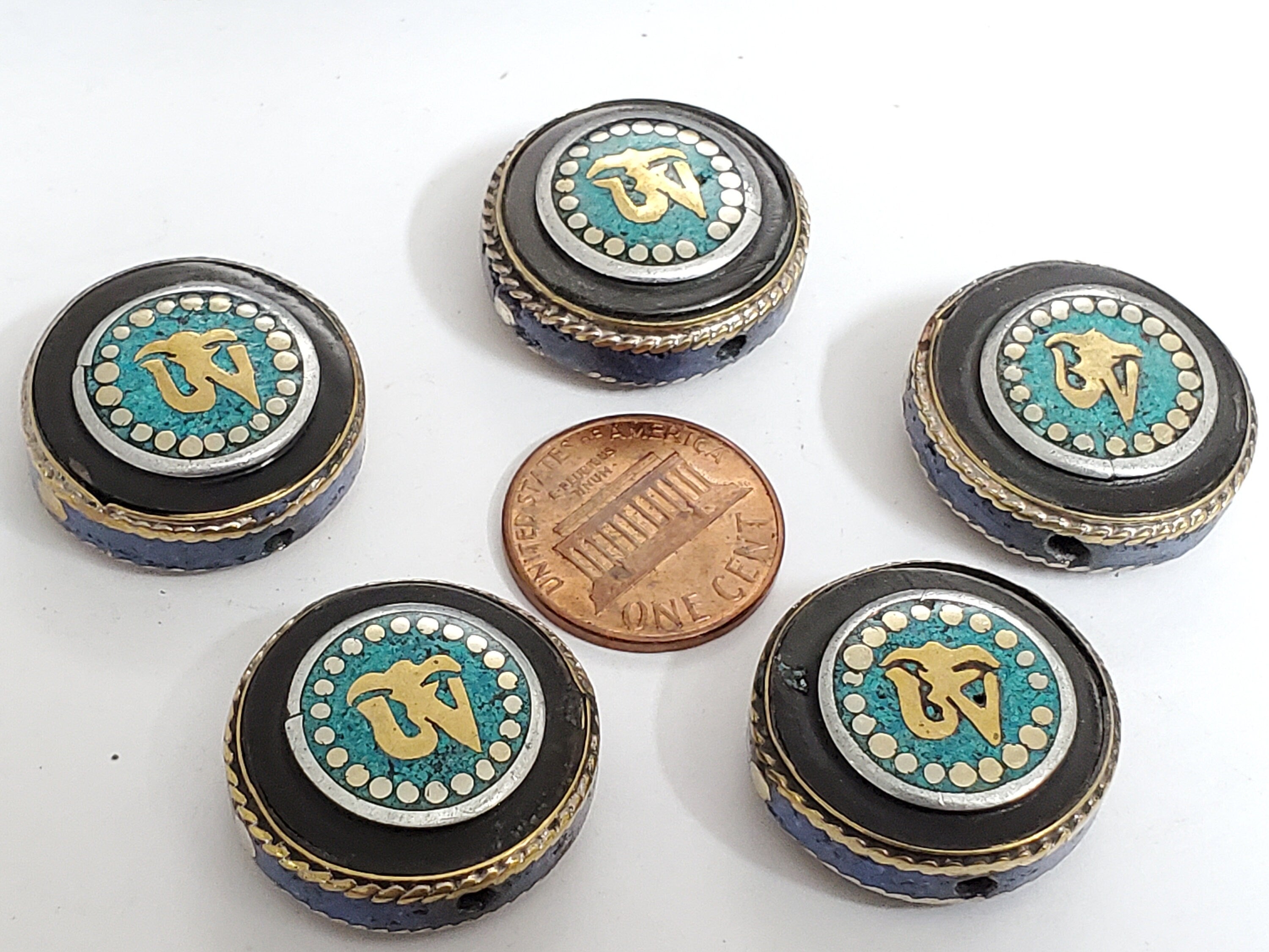 2 BEADS - Tibetan Om inscribed reversible brass bead with turquoise lapis inlay - BD471B
