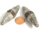 2 Beads - Long bicone Nepal 5 mukhi natural rudraksha beads encased in tibetan silver floral cap melon design mala making - NB124